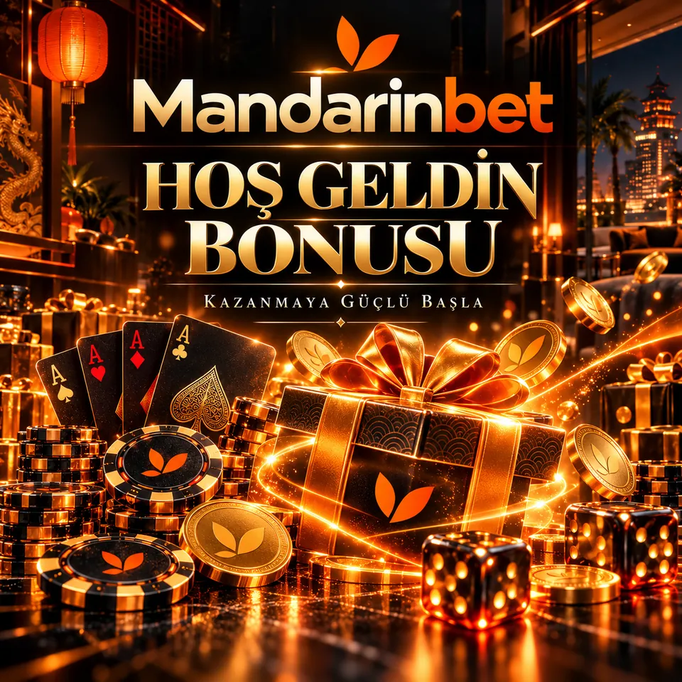 Mandarinbet hoş geldin bonusu görseli: altın hediye kutusu, kartlar ve fişler