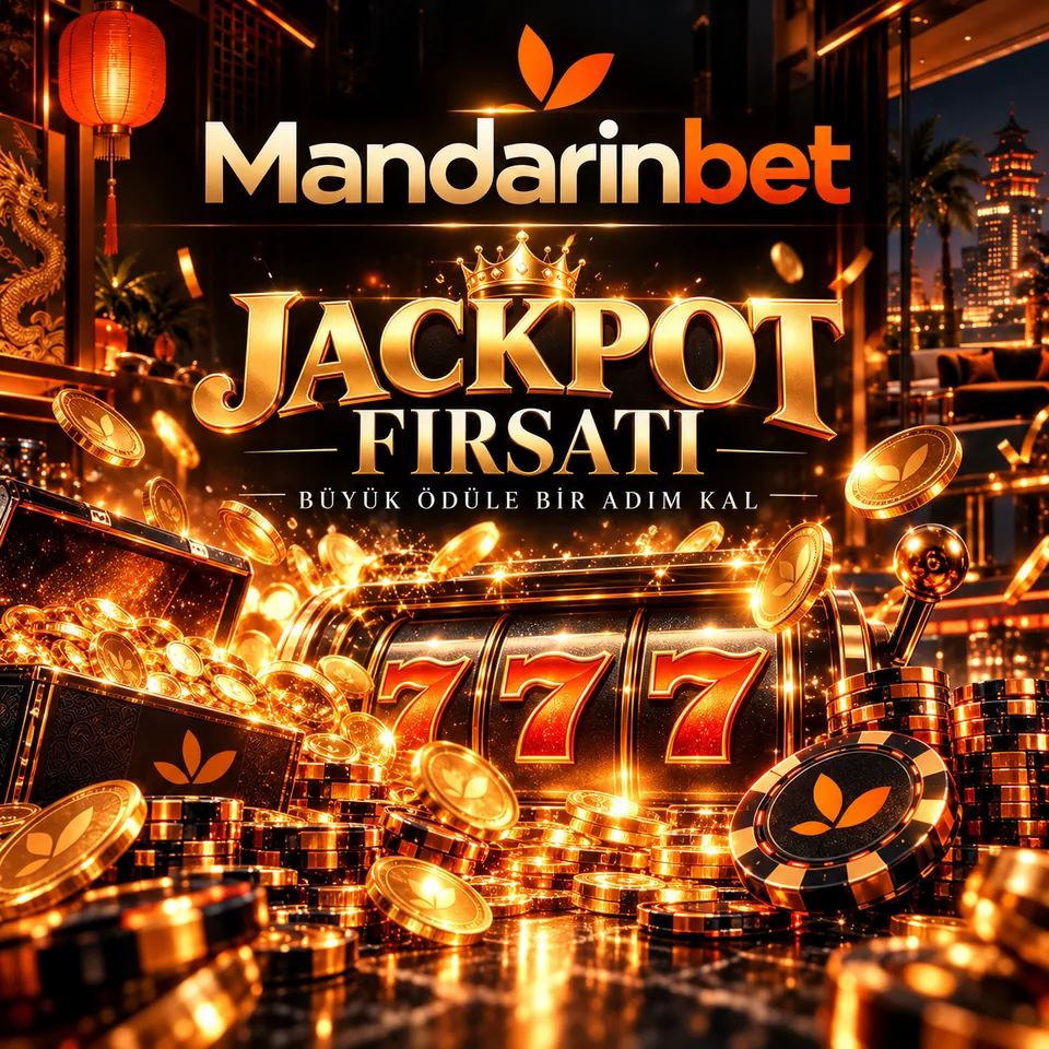 Mandarinbet jackpot görseli: yedili slot makinesi, altın para sandığı ve fişler