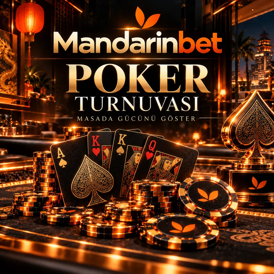 Mandarinbet poker turnuvası görseli: kartlar, fişler ve maça biçimli altın kupa