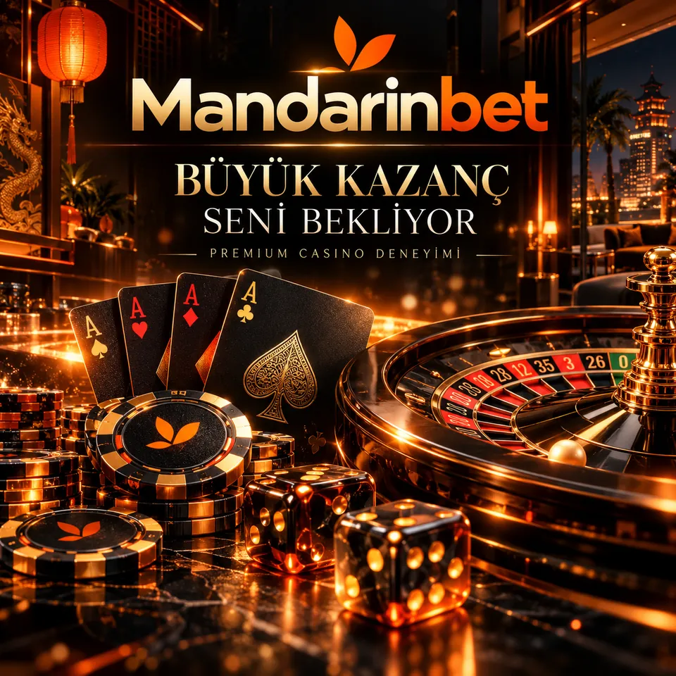 Mandarinbet premium casino görseli: siyah altın kartlar, rulet çarkı, fişler ve zarlar