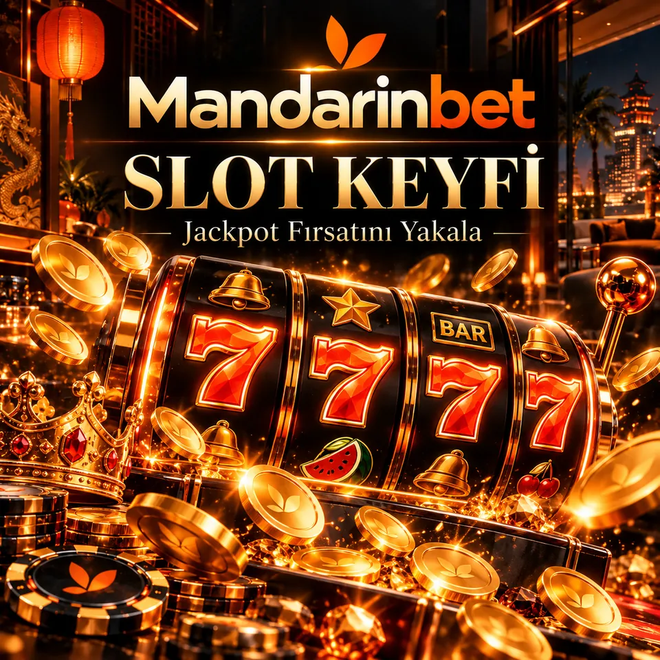 Mandarinbet slot görseli: yedi simgeli slot makinesi, altın paralar ve taç